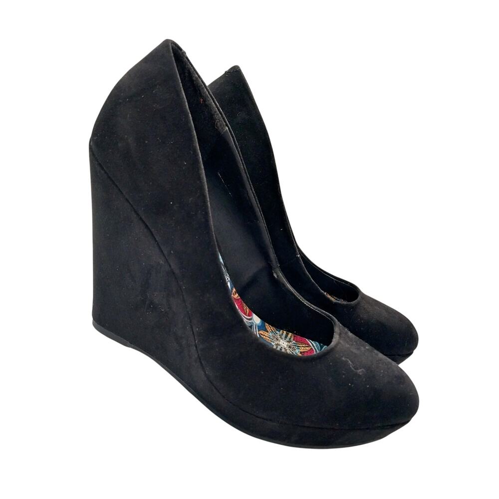 MADDEN GIRL! FAB BLACK VEGAN SUEDE LEATHER PLATFORM SOLE WEDGE HEELS! SZ 7M